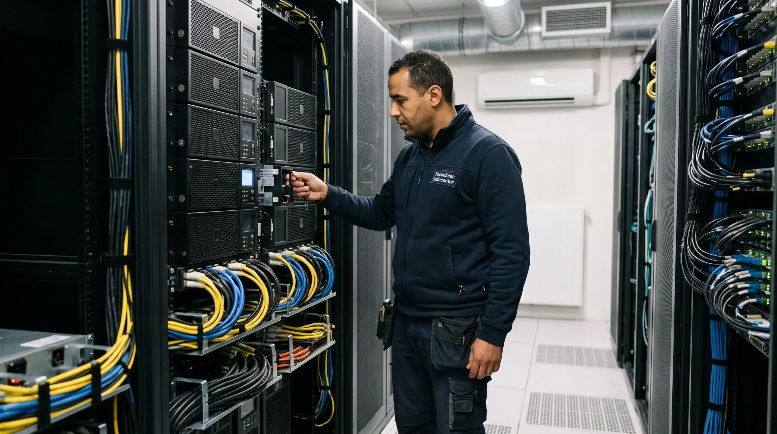 Technicien inspectant des systèmes d'alimentation électrique redondante et équipements de backup dans un datacenter