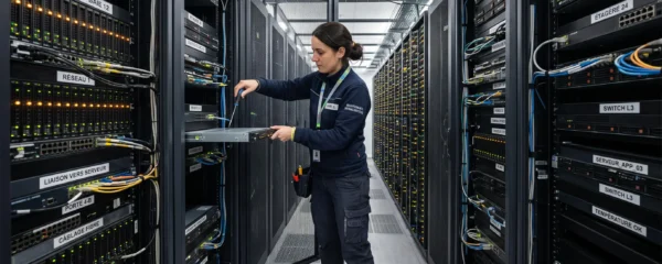 Technicien IT effectuant une intervention de maintenance sur des serveurs dans l'allée d'un datacenter professionnel avec rangées de baies serveurs