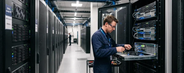Technicien IT effectuant une intervention de maintenance sur des serveurs dans l'allée d'un datacenter professionnel avec rangées de baies serveurs
