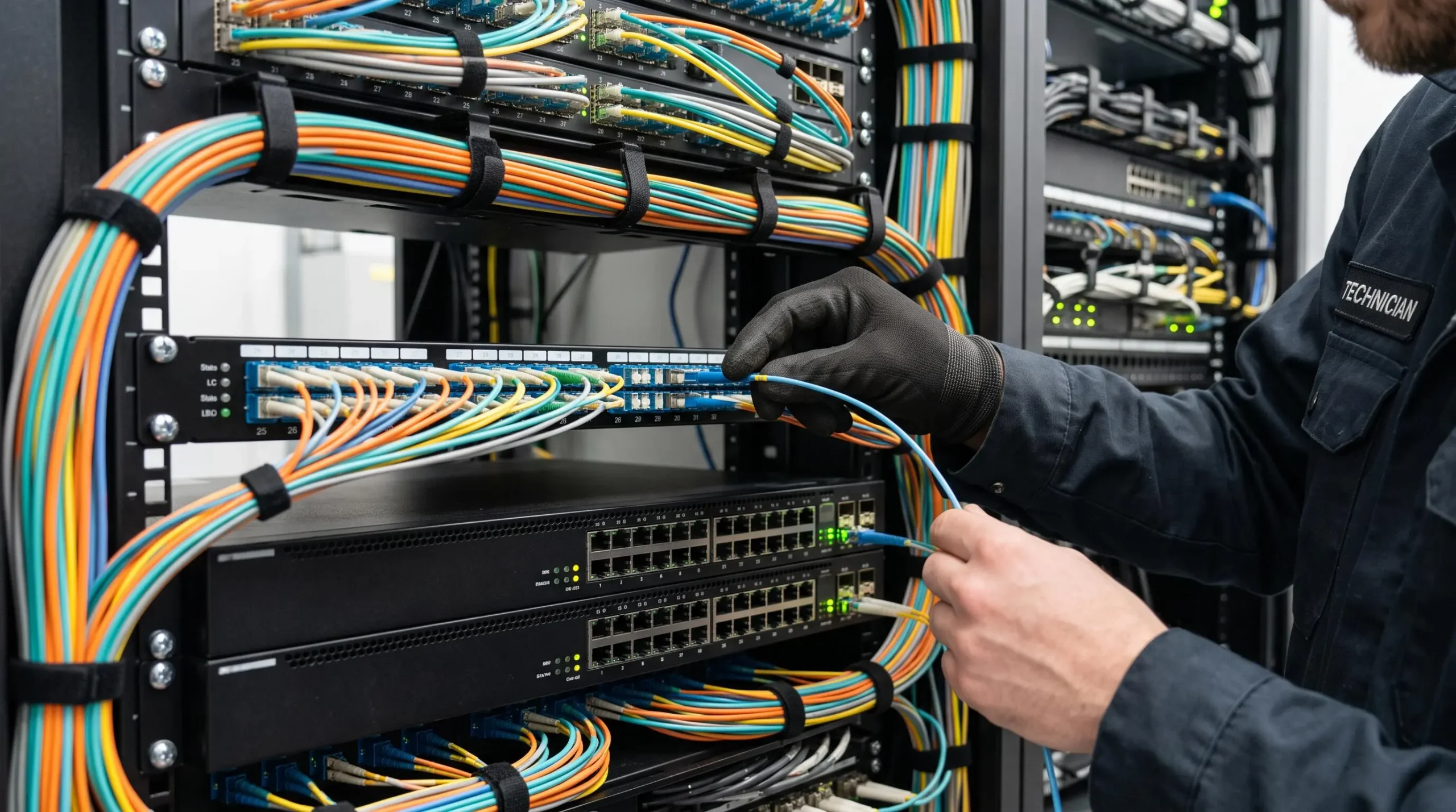 Technicien réseau vérifiant le câblage structuré et les connexions sur équipements réseau dans une baie de datacenter